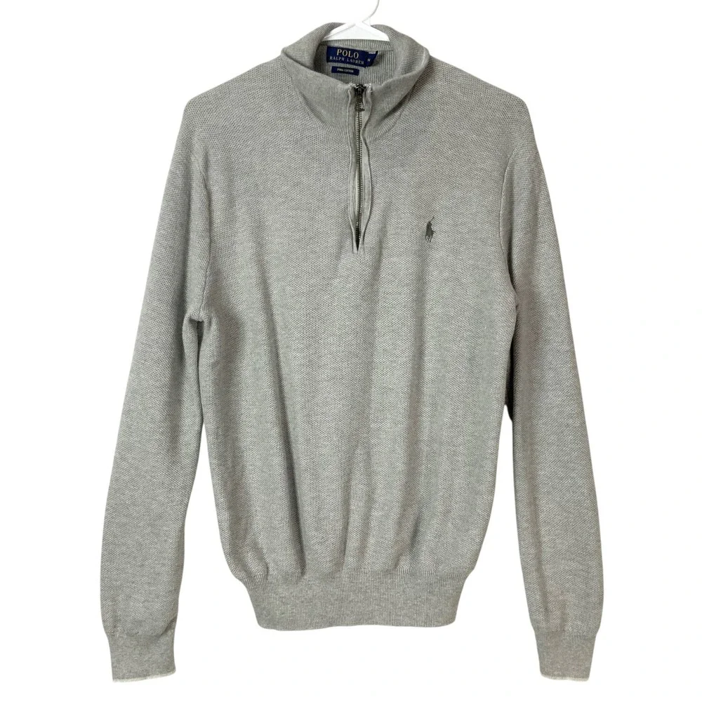 Polo Ralph Lauren Grey Pima Cotton Sweater M Quarter Zip Mock Neck Long Sleeve
